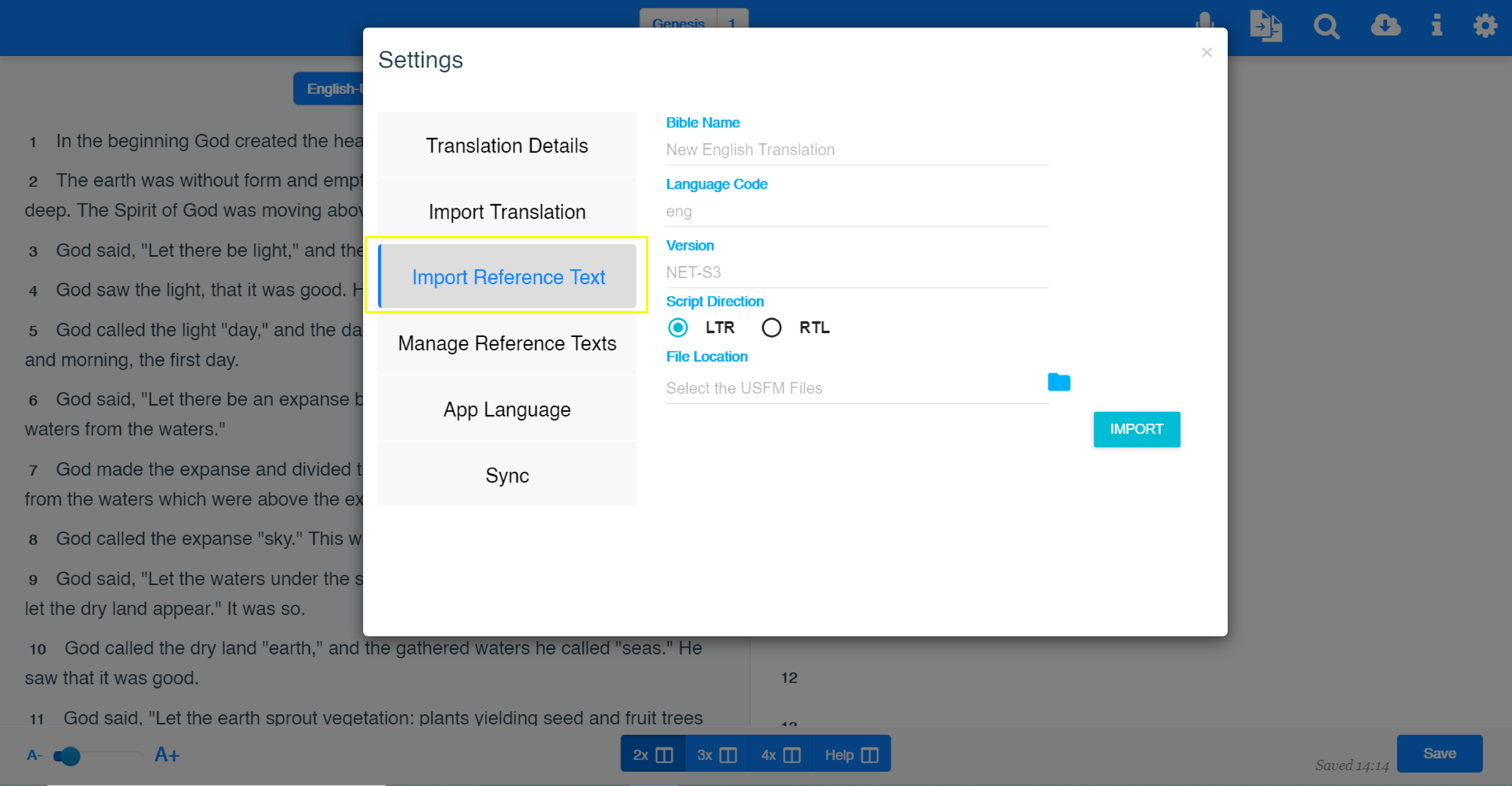 Import Reference Text screen