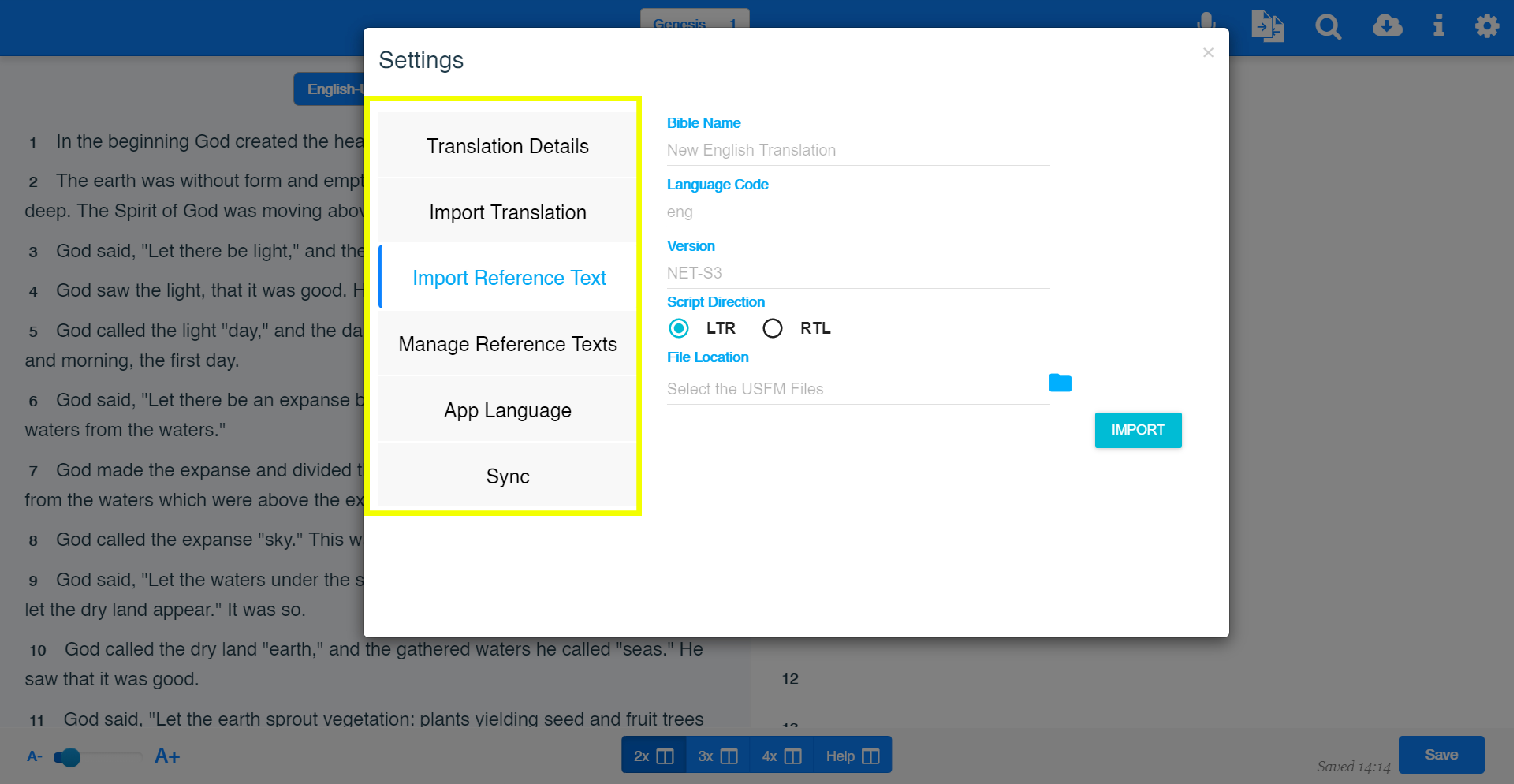 Settings user interface