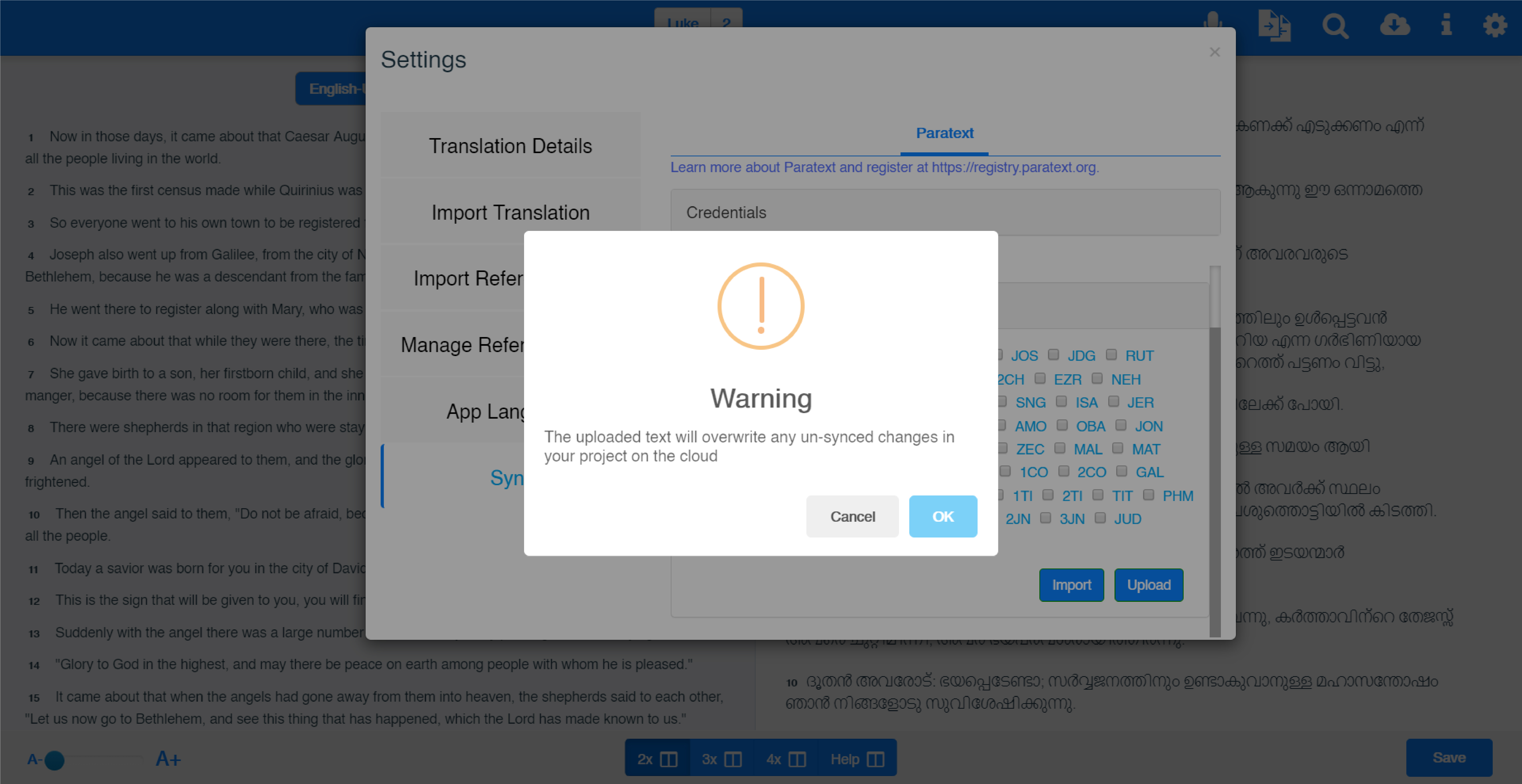 Warning before exporting to Paratext