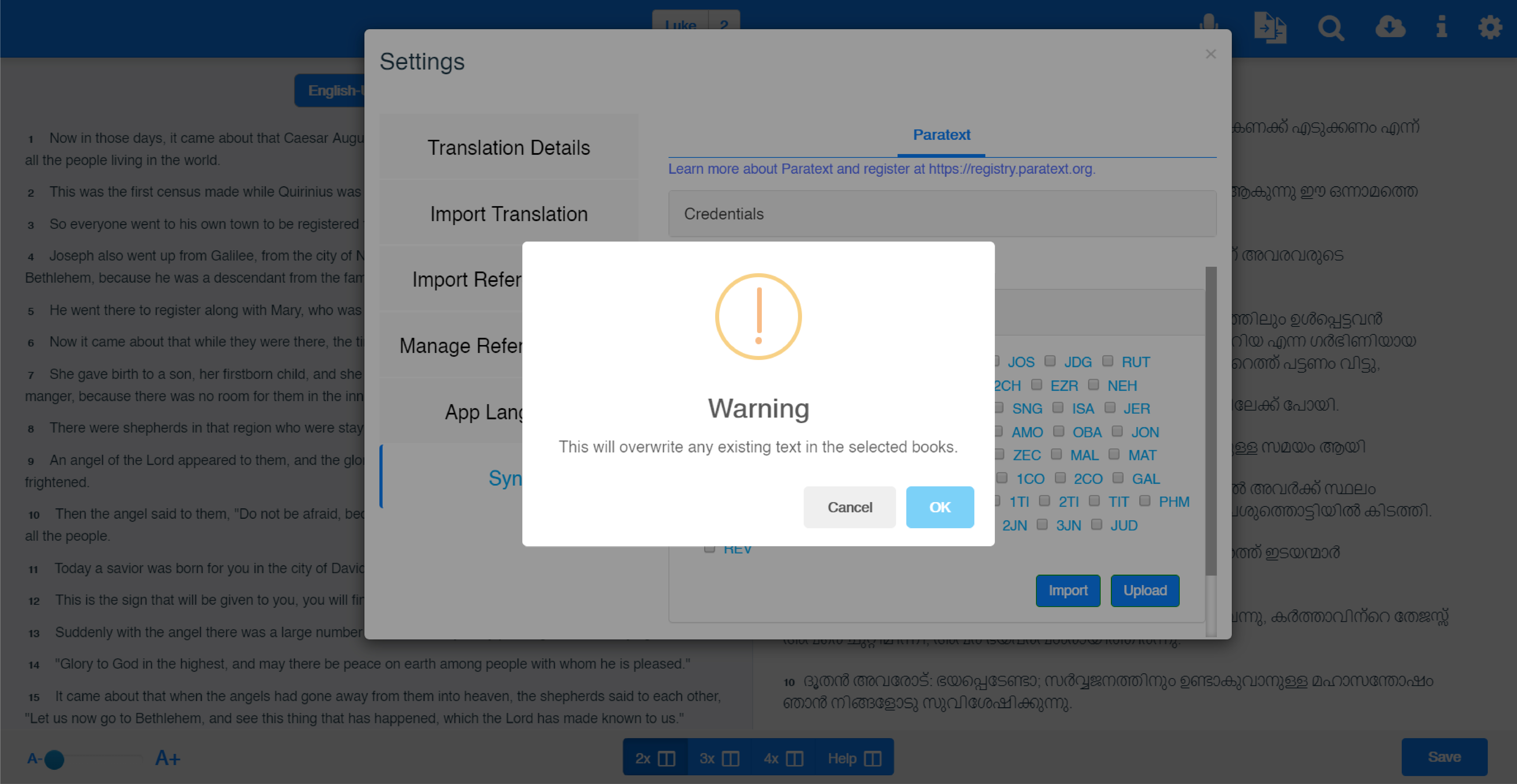 Warning before importing from paratext