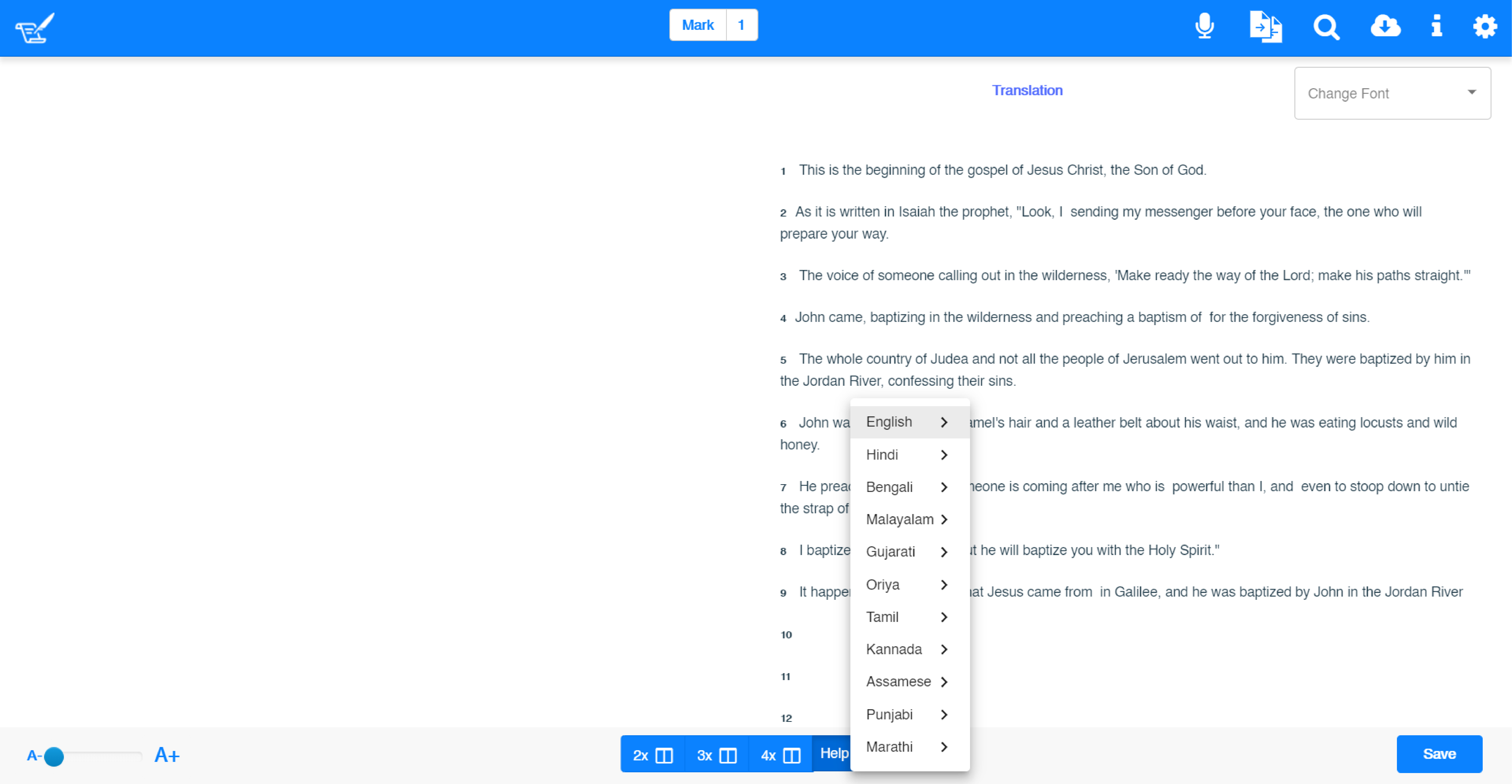 Translation helps language menu
